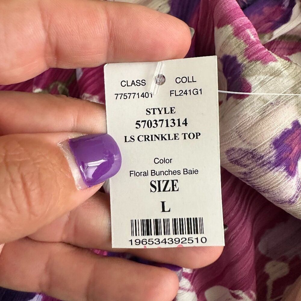 NWT White House Black Market Long Sleeve Crinkle Top Floral Bunches Baie L - Picture 6 of 8